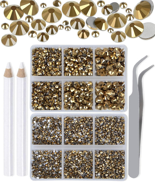LPBeads 6000 Pieces Metallic Gold Non Hotfix Rhinestones 6 Sizes Round Crystal Glass Flat Back Rhinestones with Tweezers and Picking Pen for Nail Art Crafts Bags DIY