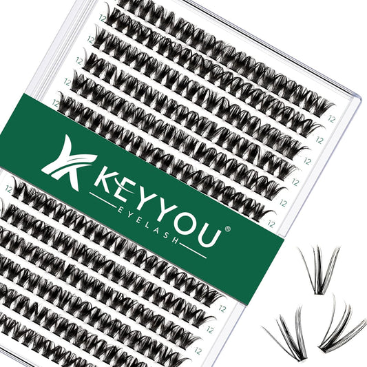 Lash Clusters 300pcs Individual Lashes 50D 0.07C Curl 12mm DIY Eyelash Extension KEYYOU Large Tray Volume Soft&Natural Cluster Lashes(50D-0.07C,12）