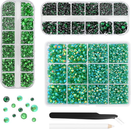 Morcheiong 17000Pcs Resin Rhinestones Green Flatback Crystals Diamond Includes Tweezers and Pickup Pen Suitable for Crafting DIY Nail Art Makeup Wedding Dress Clothing Mug