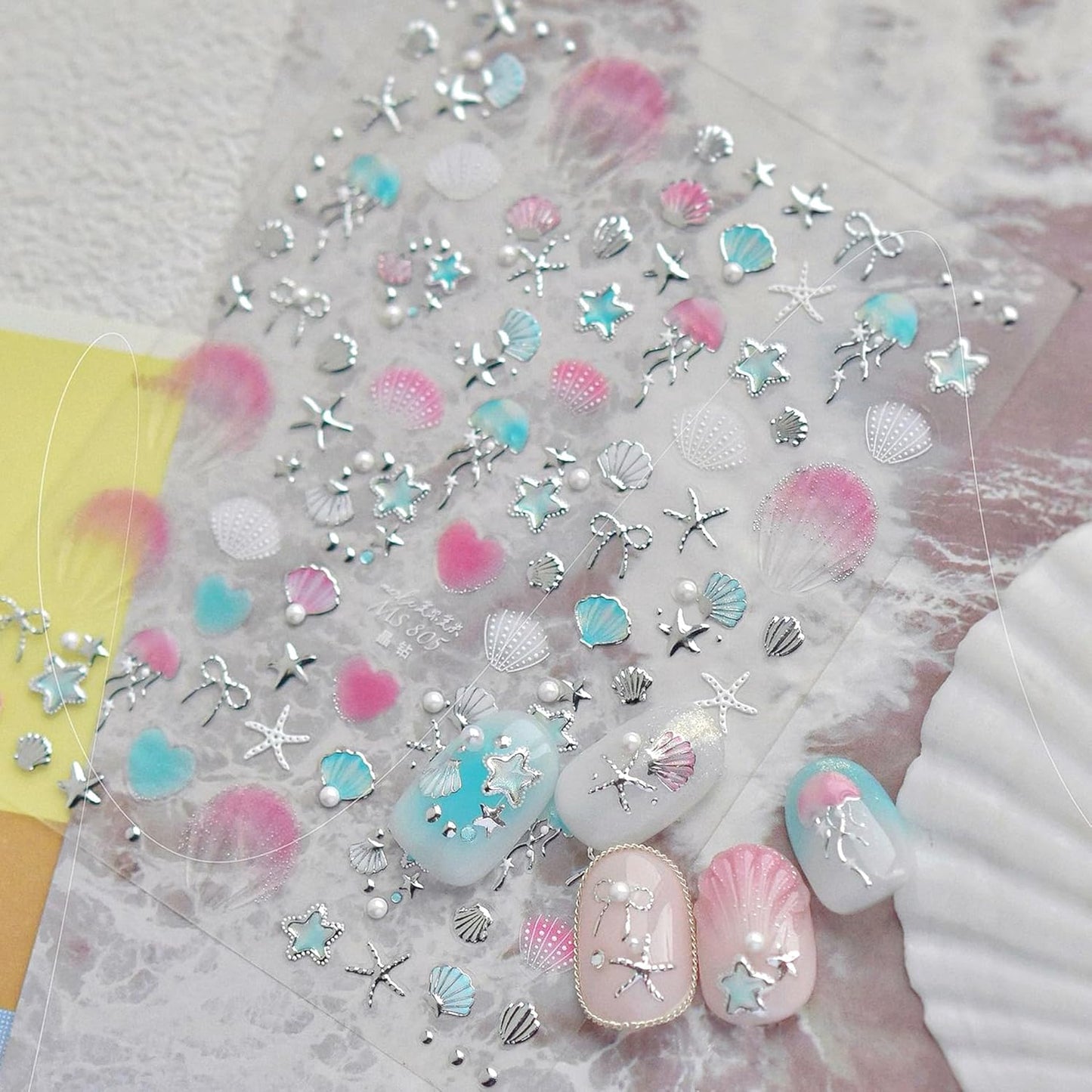 1 Sheets Summer Nail Stickers for Nails Art 5D Embossed Self-Adhesive Shell Starfish Nail Art Stickers Decals Silver Ocean Star Jellyfish Design Beach Nail Supplies for Women Manicure Accessories