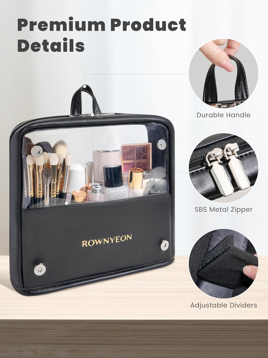 ROWNYEON Makeup Brush Bag, High Capacity Stand-Up Makeup Brush Holder, Travel Professional Cosmetic Bag Artist Organizer Bag Large Makeup Brush Case with Adjustable Divider (Brushes Not included)