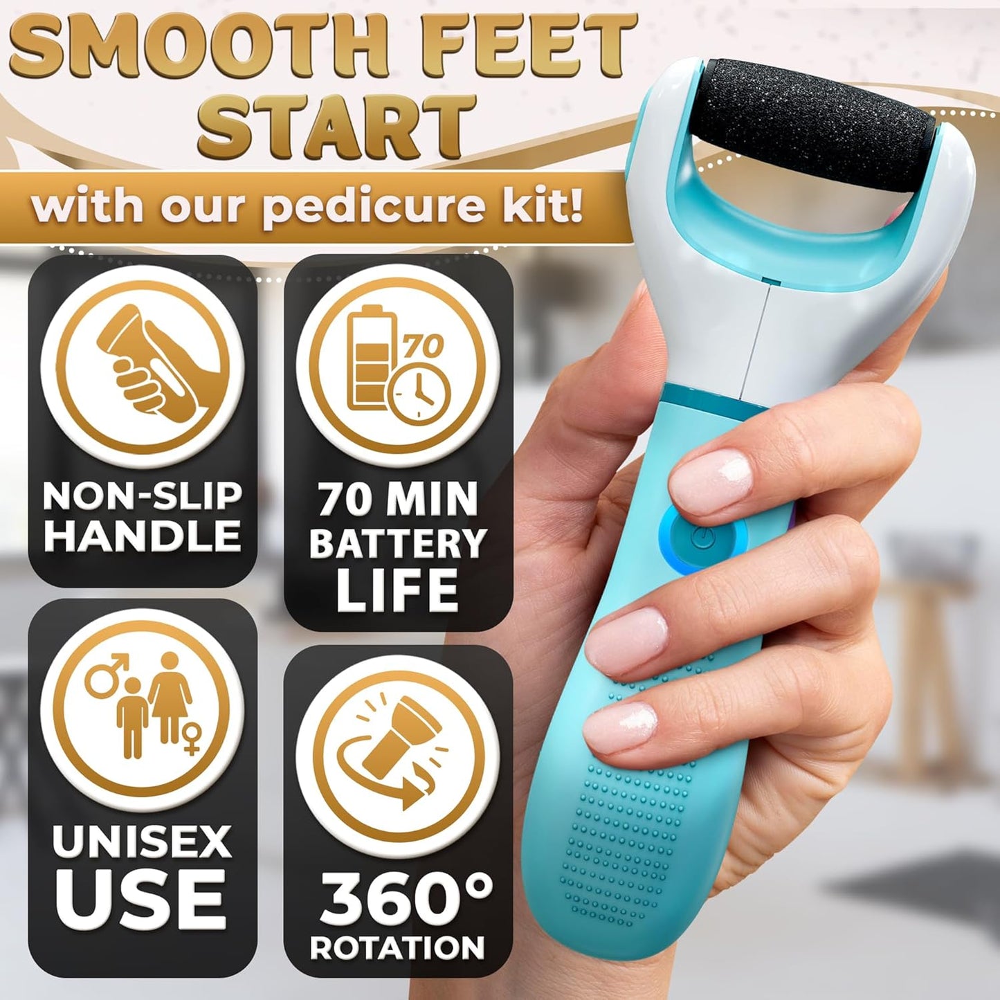 USB Rechargeable Electric Foot Callus Remover Tool – 3-Speed Foot Sanders for Feet (1800/2200/2800 RPM) with Replaceable Roller | 1200mAh, 70 Min Runtime – Pedicure Tools for Feet Smoothing