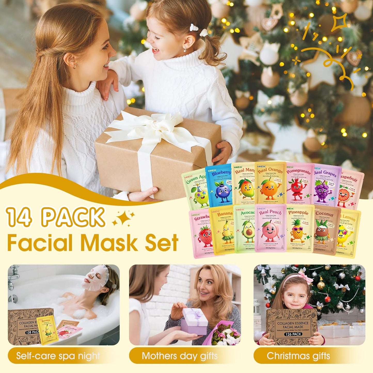 126 Pack Sheet Hydrating Face Masks Skincare for Women, Bulk Fruit Face Mask Skin Care for Kids, Facial Masks Set for All Skin Types, Christmas Birthday Gifts, Spa Party Supplies for Girls Teens