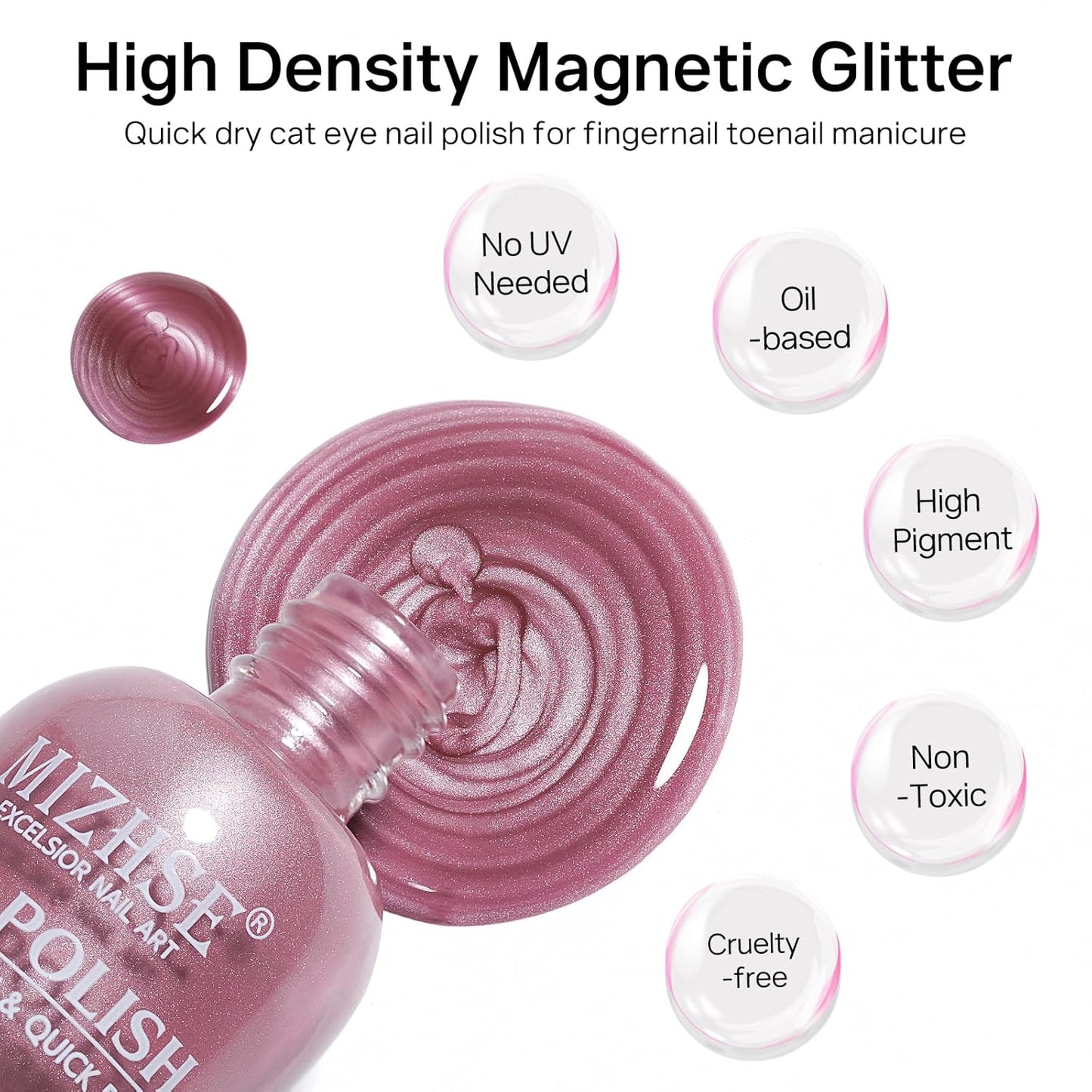 MIZHSE Quick Dry Cat Eye Nail Polish, Pink-Purple Magnetic Nail Polish with Magnet, Air Drying Fast 15ml Cateye Nail Lacquer for Women Girls Non-Gel Nail Art Manicure DIY Home