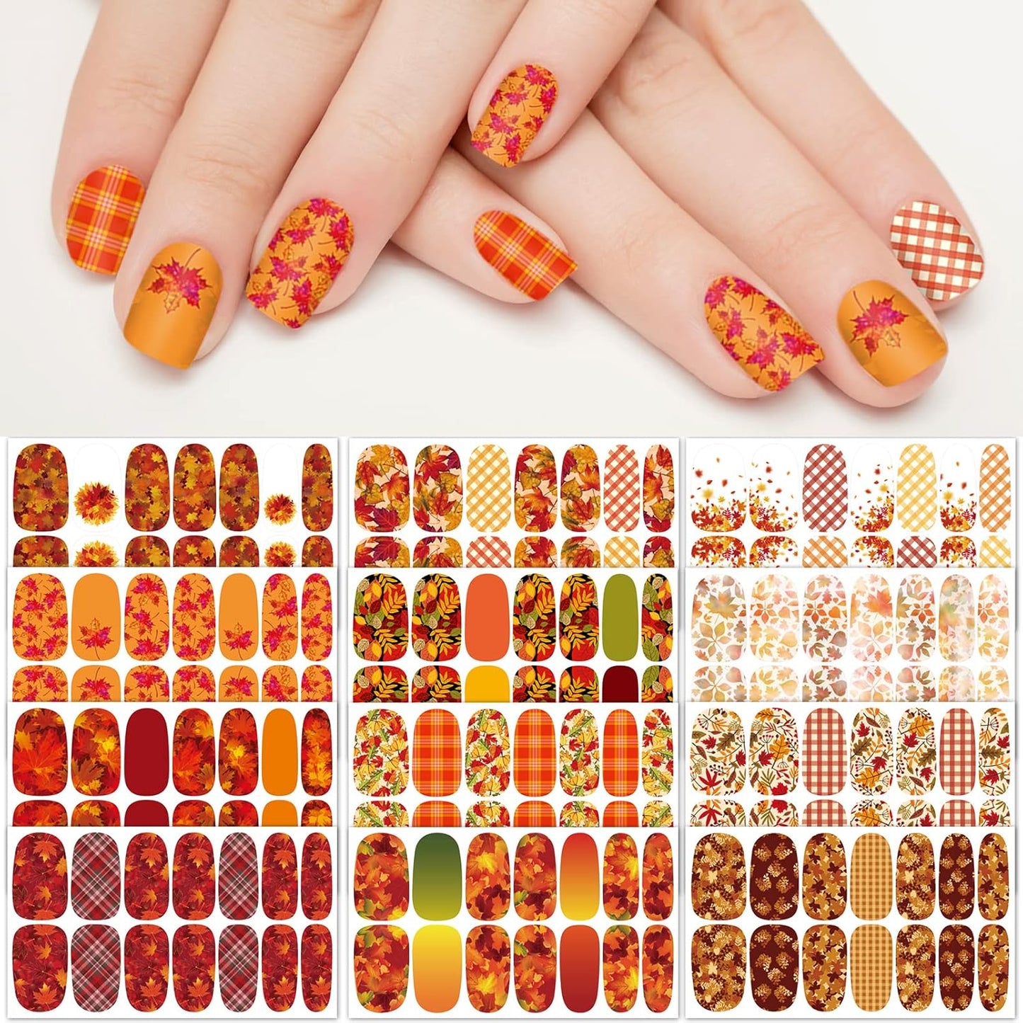TailaiMei 12 Sheets Fall Nail Wraps Stickers Autumn Nail Polish Strips Self-Adhesive Full Wraps with 2 pcs Nail Files for Thanksgiving Day DIY Nail Decals (Leaves Style)