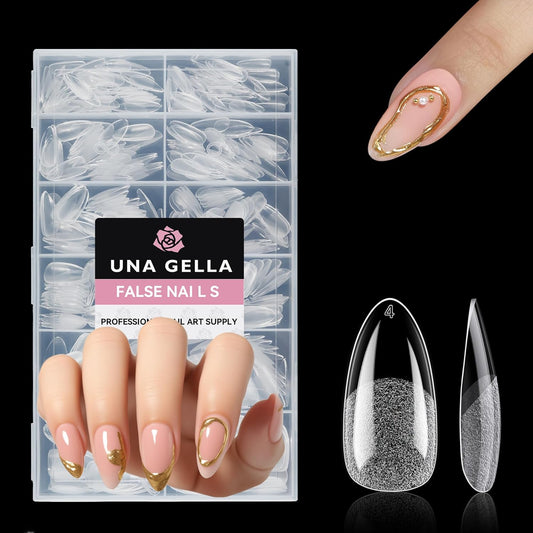 UNA GELLA Medium Almond Nail Tips, 312pcs Almond Gel Nails Tips Shape Pre Etched Full Cover Clear Fake Acrylic Pointed Press On Nails No C Curve for Nail Extension Art DIY Salon 12 Sizes
