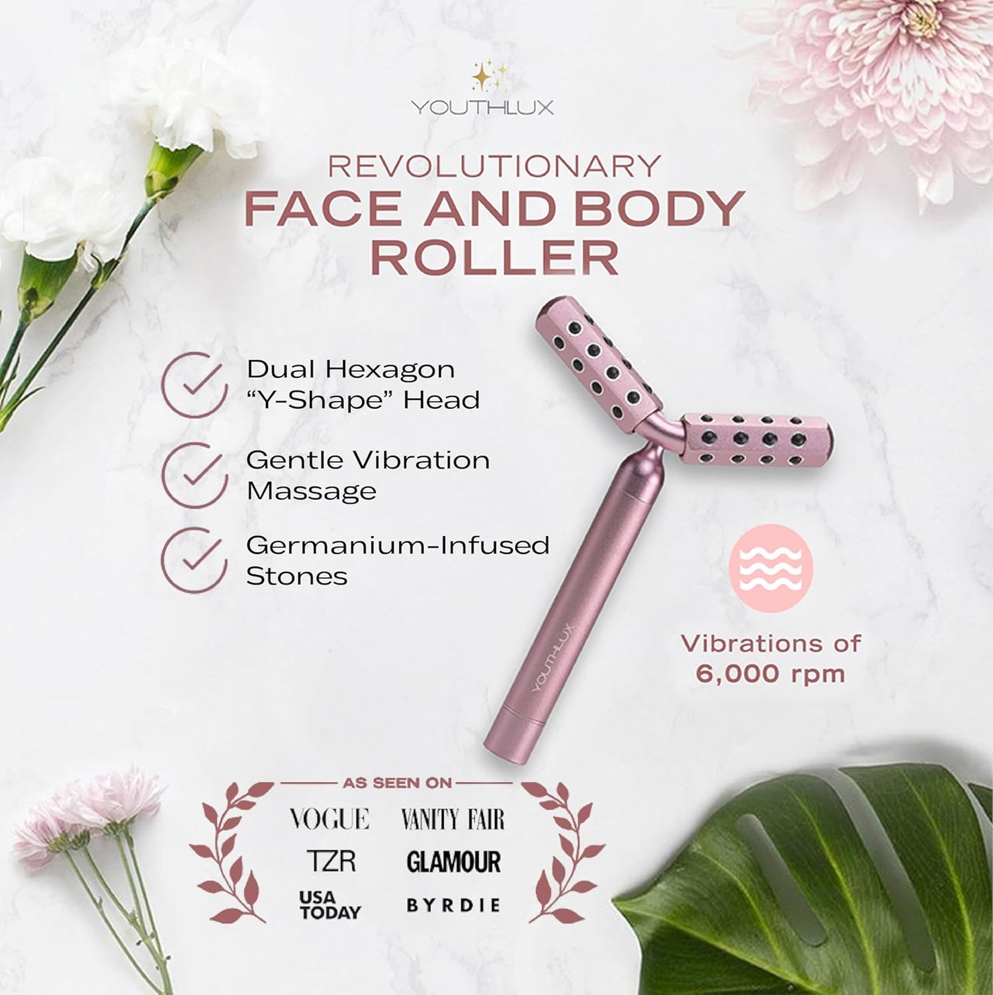 Revolution Roller - Germanium Stone Uplifting Face/Body Beauty Massage Tool/Roller/Wand for Skin Tightening/Firming, De-Puffing, Anti-Aging (Rose Gold)