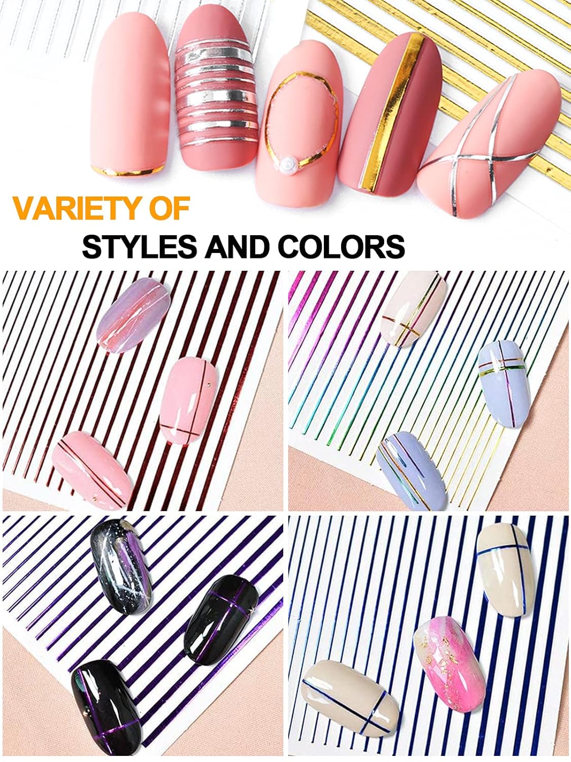 EBANKU 17 Sheets Strip Line Nails Stickers, 3D Fluorescent Laser Gold Adhesive Striping Tape Nail Decals for Women Girls Nail Art Design Deacoration