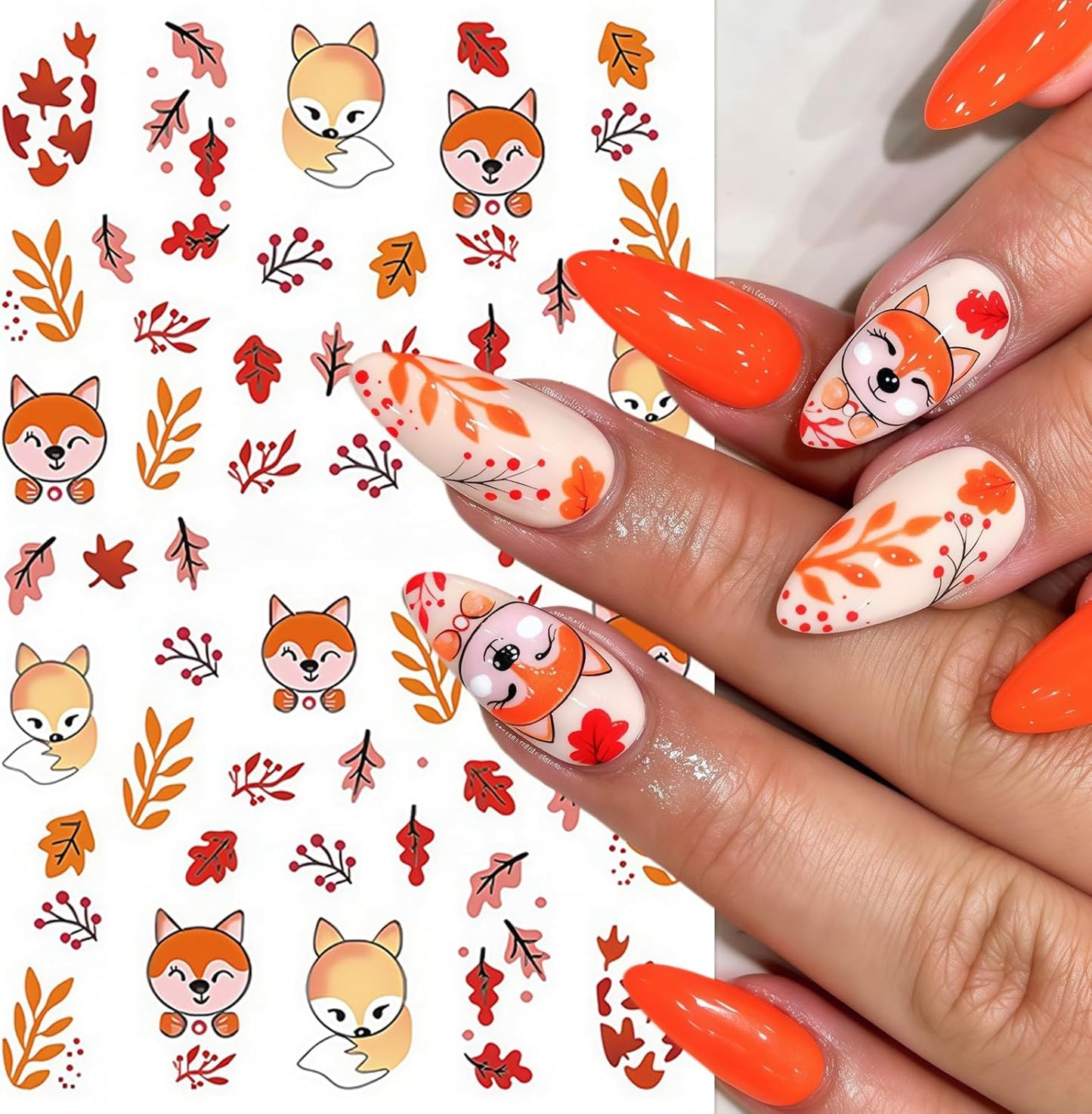 6Pcs Maple Leaf Nails Stickers,Fall Maple Leaf Nail Art Sticker Thanksgiving Pumpkin Nail Stickers for Nails Art Cute Fox Pine Mushroom Ginkgo Nail Decals Leaf Nails Design Nail Supplies for Women