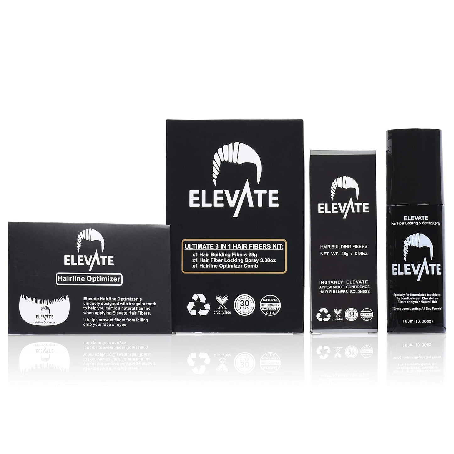 Elevate Hair Building Fibers 3-in-1 Kit for Thinning Hair (Dark Brown) Keratin Hair Thickening Powder with Fiber Lock Spray & Hairline Optimizer Comb - Instant Concealer Applicator for Men & Women