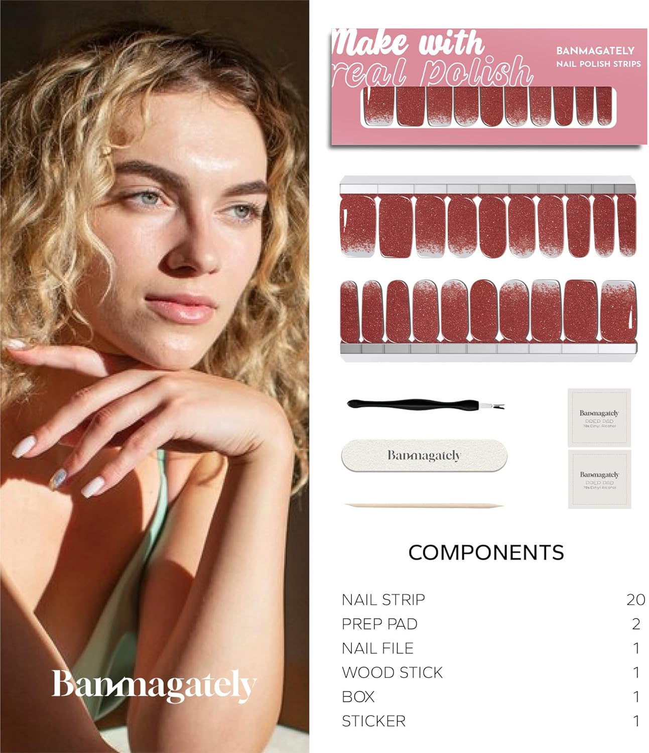 Nail Polish Strips, 20Pcs Salon Quality Gel Nail Stickers, Easy Long Lasting Wraps for Short Nails no UV Light Needed (Christmas Red)