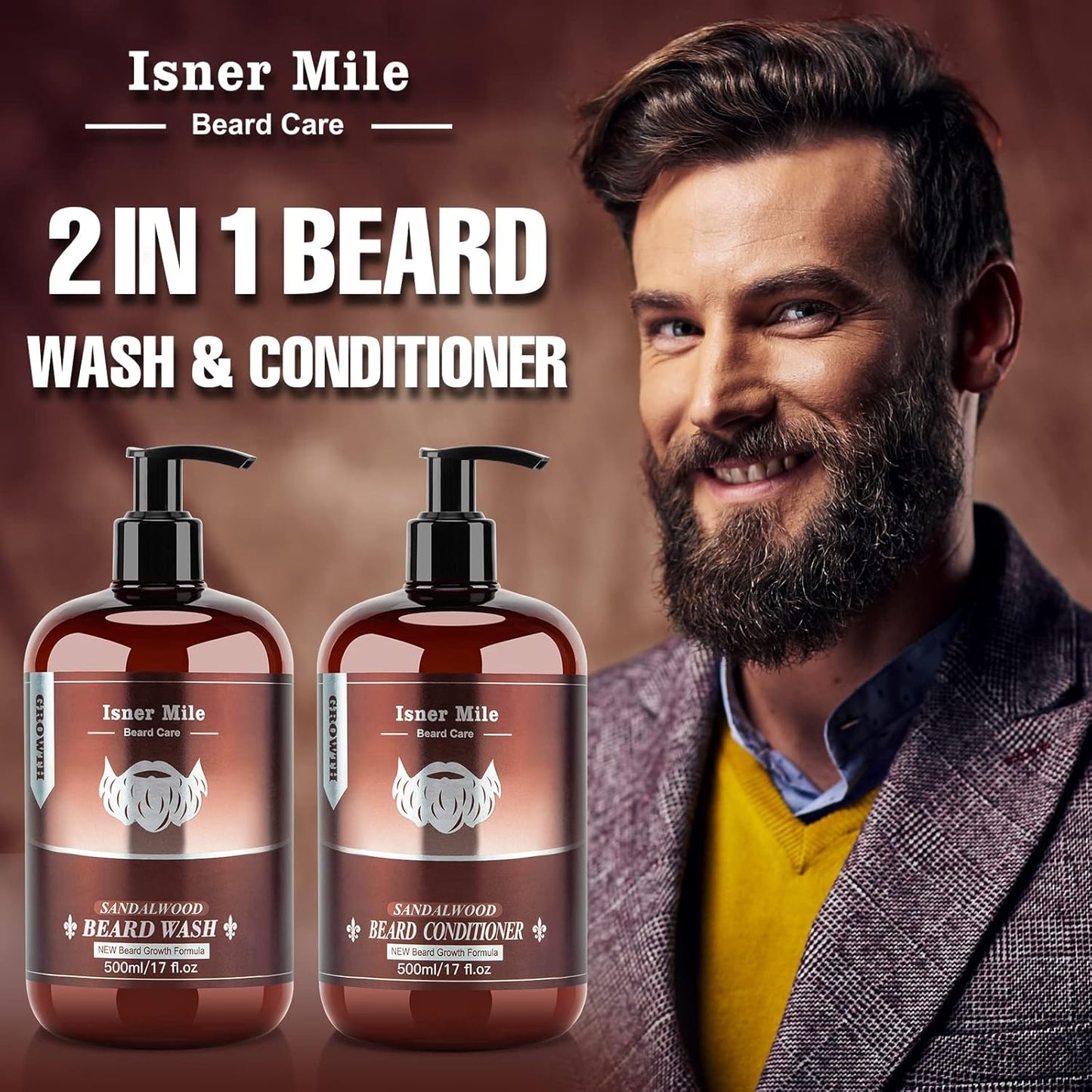ISNER MILE Beard Wash & Conditioner Set for Men - 17 oz Shampoo with Biotin, Argan & Jojoba Oils for Smooth, Soft, and Strengthened Beard - Sandalwood Scented Grooming Gift