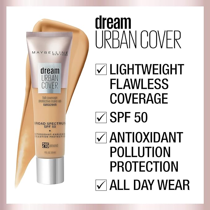 Maybelline Dream Urban Cover Flawless Coverage Foundation Makeup, SPF 50, Almond
