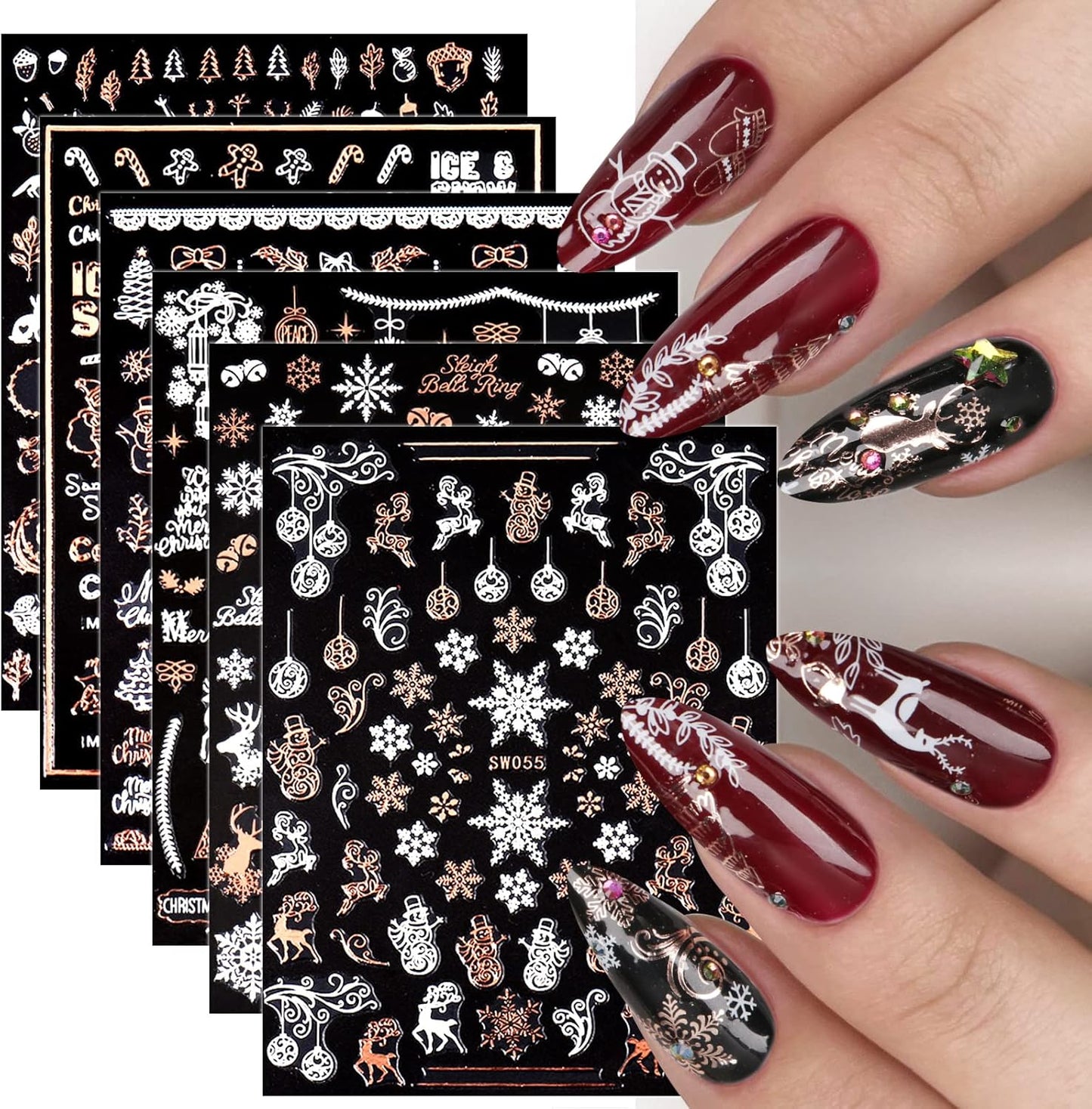 9 Sheets Christmas Nail Art Stickers Decals Self-Adhesive Pegatinas Uñas Rose Gold Snowflake Tree Winter Nail Supplies Nail Art Design Decoration Accessories