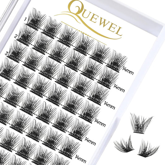 QUEWEL Cluster Lashes 72 Pcs Wide Stem Individual Lashes C/D Curl 8-16mm Length DIY Eyelash Extension False Eyelashes Soft for Personal Makeup Use at Home (H03-C-14)