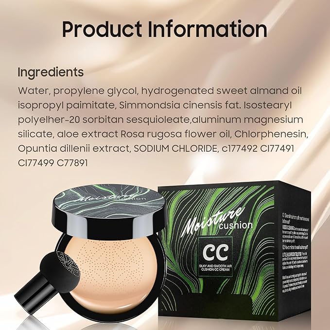Air Cushion CC Cream Foundation - Mushroom Head BB Creams, Long Lasting Concealing Brightening, Moisturizer Face Cream,Facial Skin Care Makeup For All Skin Types (Ivory)