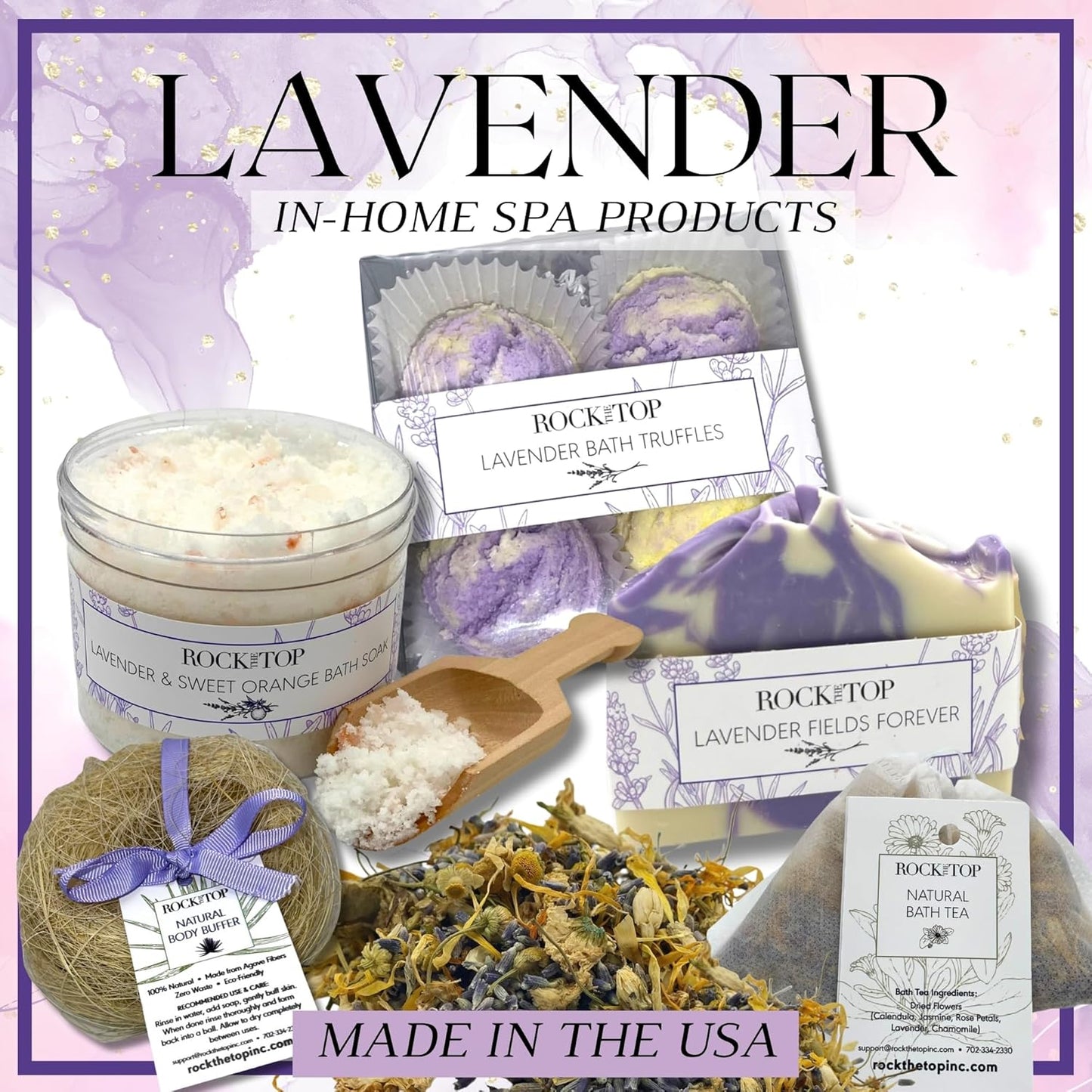 USA Made | 6 Lavender Self Care Gifts for Women, Bath Bombs (Truffles), Plant Based Dry Brush Body Brush Loofah, Epsom Salt Bath Soak, Handmade Soap, Herbal Bath Tea, Self Care Gift Box.