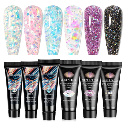 MEET ACROSS Poly Nail Gel Kit - 6 Colors Long-Lasting Glitter Poly Extension Gel, Shiny Sequins Builder Extension Nail Gel Set, Soak Off UV LED Nail Art at Home Salon