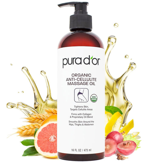 PURA D’OR 16 Oz Organic Anti-Cellulite Massage Oil for Toned Legs and Butt - Lemon Peel, Moringa, Grape Seed, Grapefruit & Eucalyptus Oils - Skin Firming & Tightening