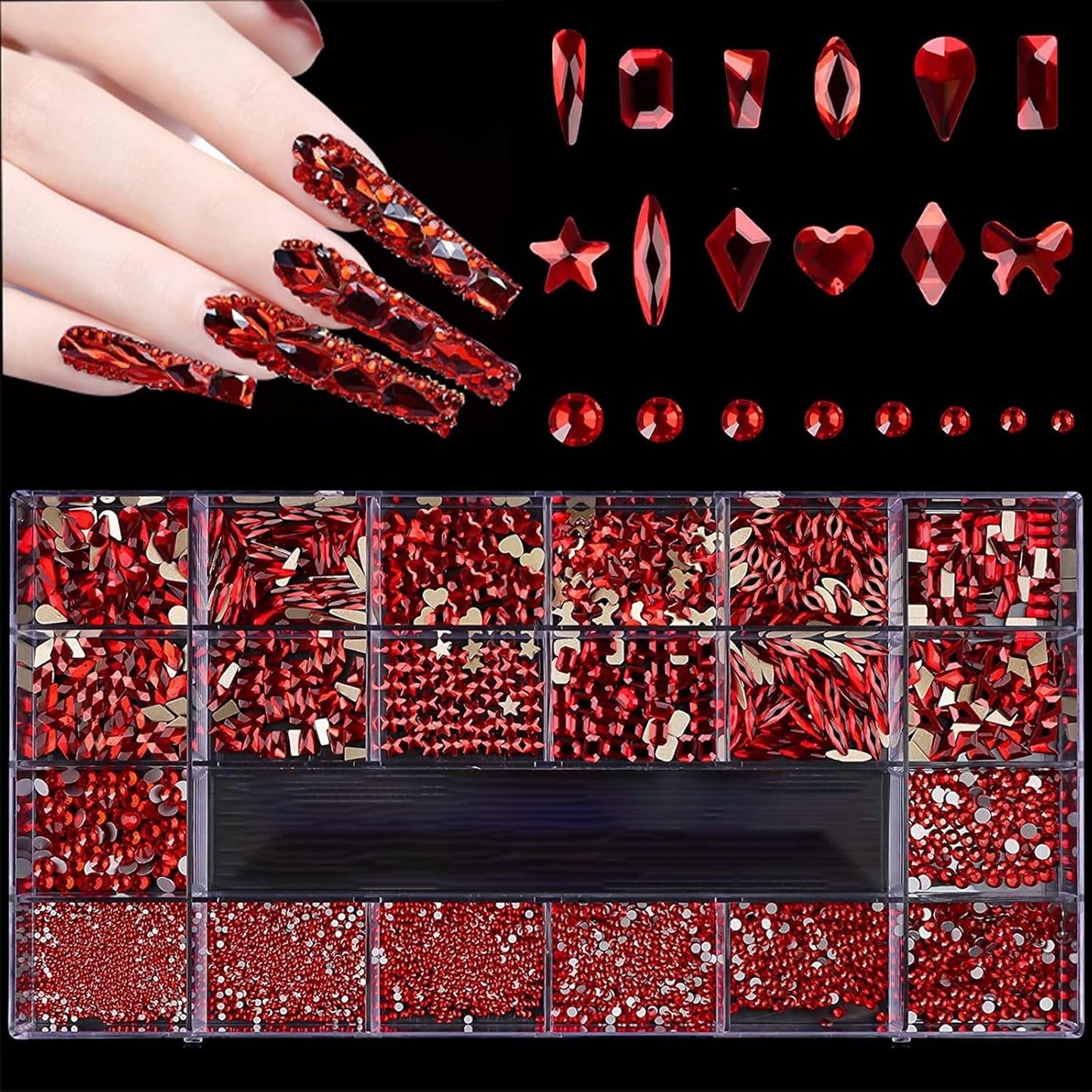 3100Pcs Crystal Red Nail Rhinestones,HOINCO Rhinestones for Nails,Nail Gems and Rhinestones Gems Multi Shapes Nail Charms for Nails Nail Crystal Beads Jewel for DIY Nail Art with Tweezers and Pen