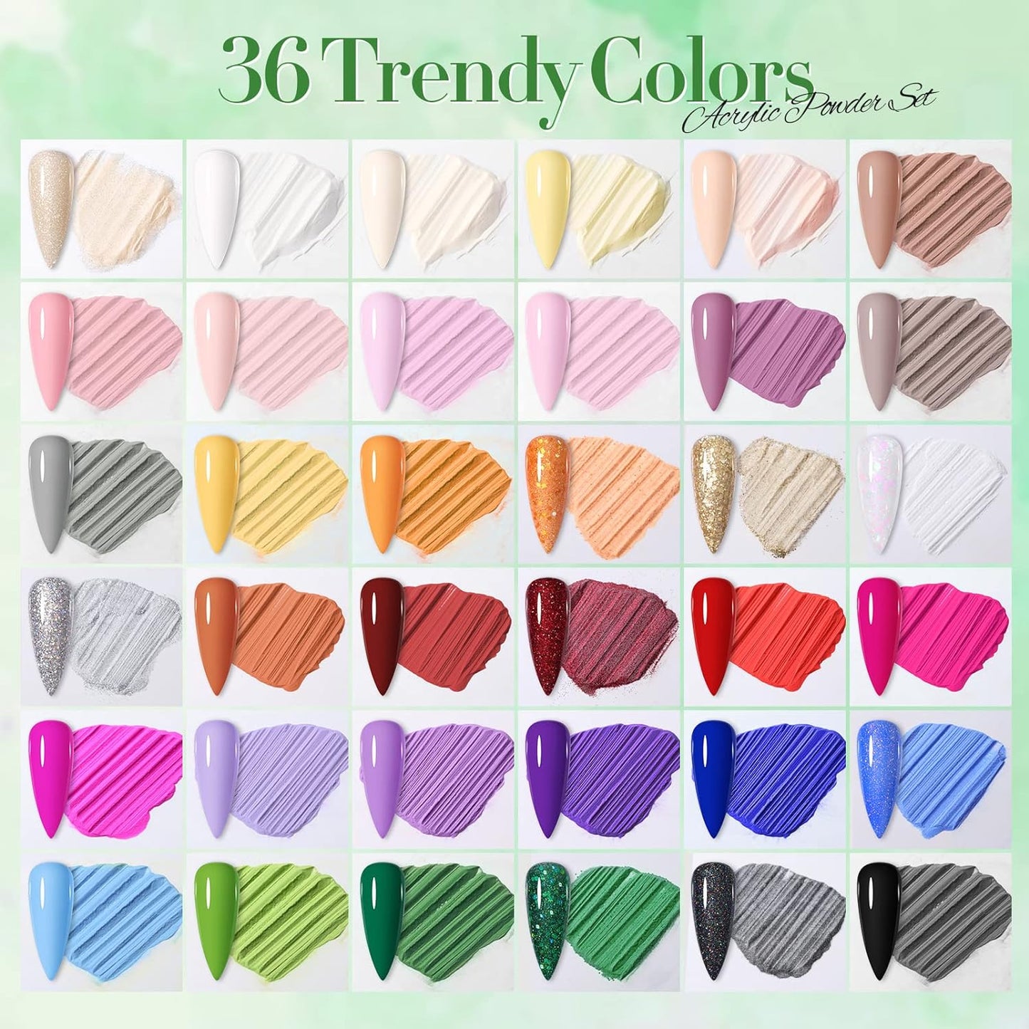 BORN PRETTY Acrylic Powder Set 36 Colors Acrylic Nail Powder Nude Pink Blue Yellow Purple Red Glitter Professional Polymer 3D Acrylic Nail Art Kit for French Nail Extension All Seasons Nail Carving