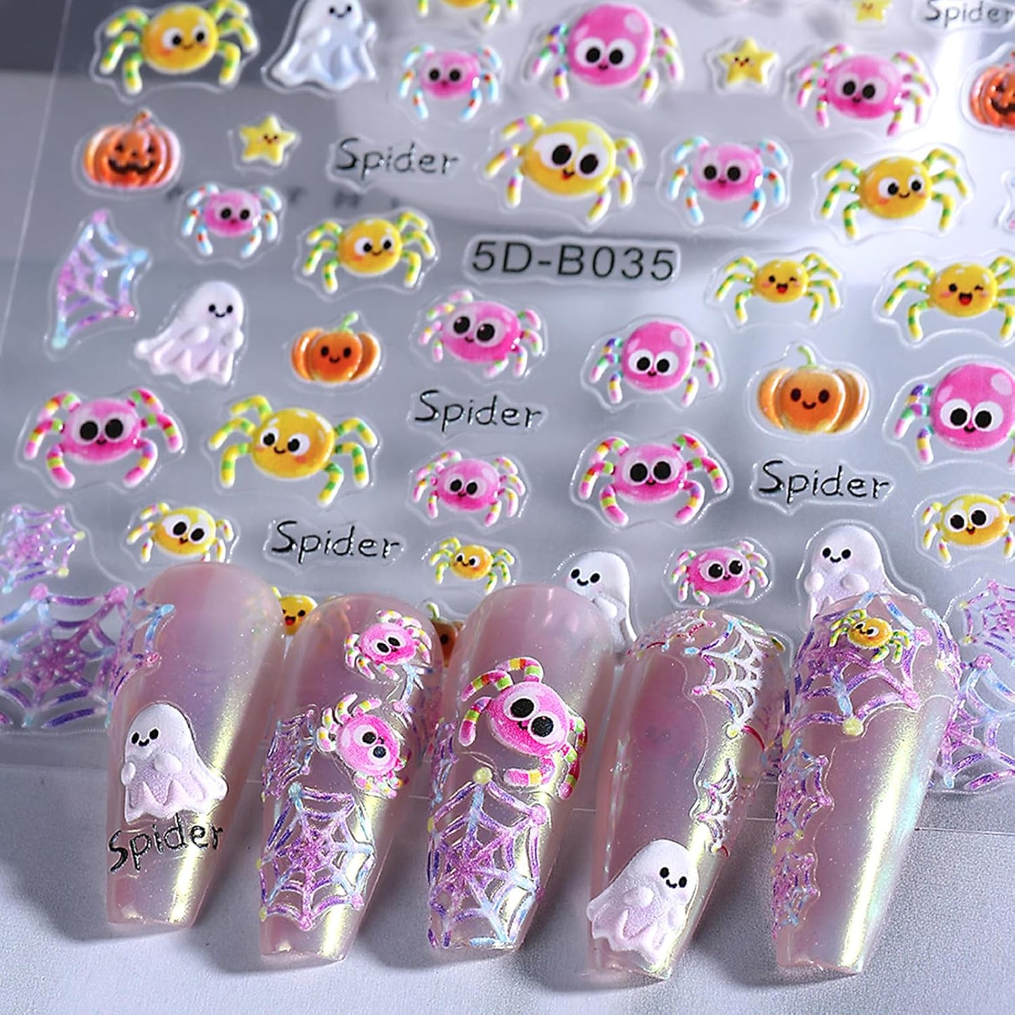 3 Sheets Halloween Nail Art Stickers 5D Embossed Nails Sticker Star Pumpkin Bat Spider Design Cute Ghost Nail Stickers for Women Girls Nail Decoration