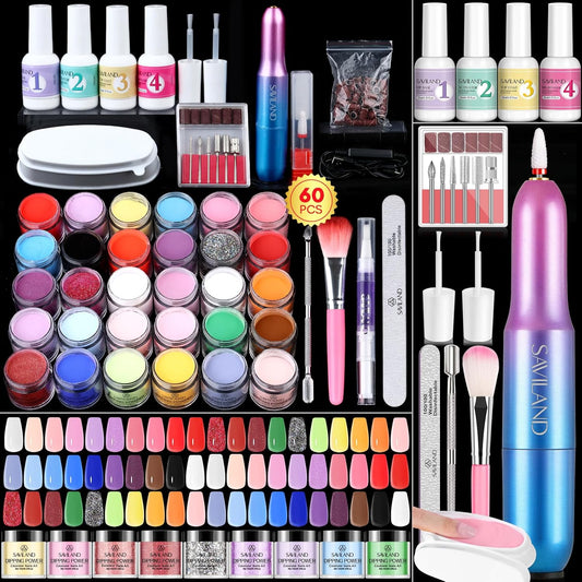 SAVILAND Dip Powder Nail Kit with Drill: Starter Kit 103 Pcs Keratin Dip Nails Powder Kit 30 Colors with Dipping Powder Liquid Set with Base Top Coat Activator for Beginners All Seasons Home DIY Salon
