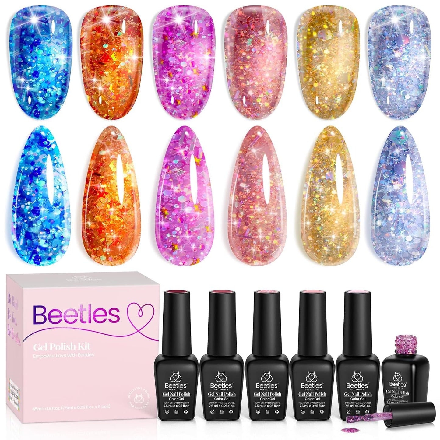 Beetles Glitter Gel Nail Polish 6 Colors Orange Gold Hot Pink Blue Shimmer Silver Colors Sparkly Shiny UV LED Nail Lamp Gel Polish Kit for Home DIY Nail Designs