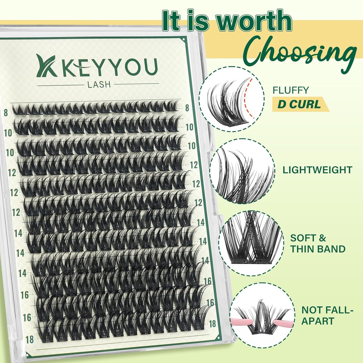 KEYYOULASH Lash Clusters Manga Lash Extension D Curl 144pcs 8-18mm Wispy Eyelash Clusters Natural Volume Eyelash Extensions Individual Lashes DIY at Home(KY04,D-8-18MIX)