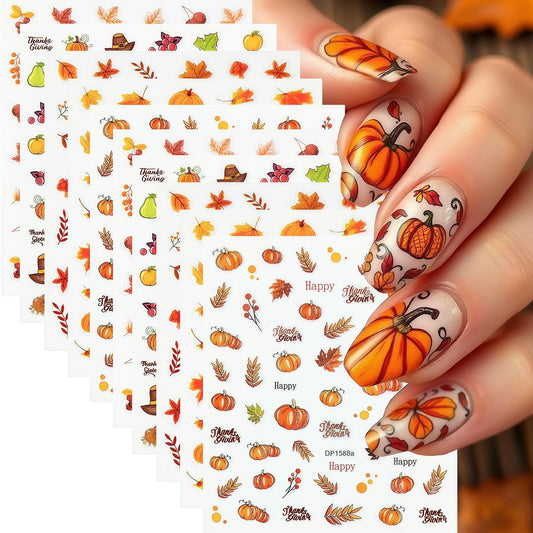 10 Sheets Thanksgiving Day Nail Stickers for Nail Art Fall Nail Sticker 3D Self-Adhesive Shiny Autumn Maple Leaf Turkey Pumpkin Nails Decals Holiday Maple Leaves Manicure Decoration for Salon Nails