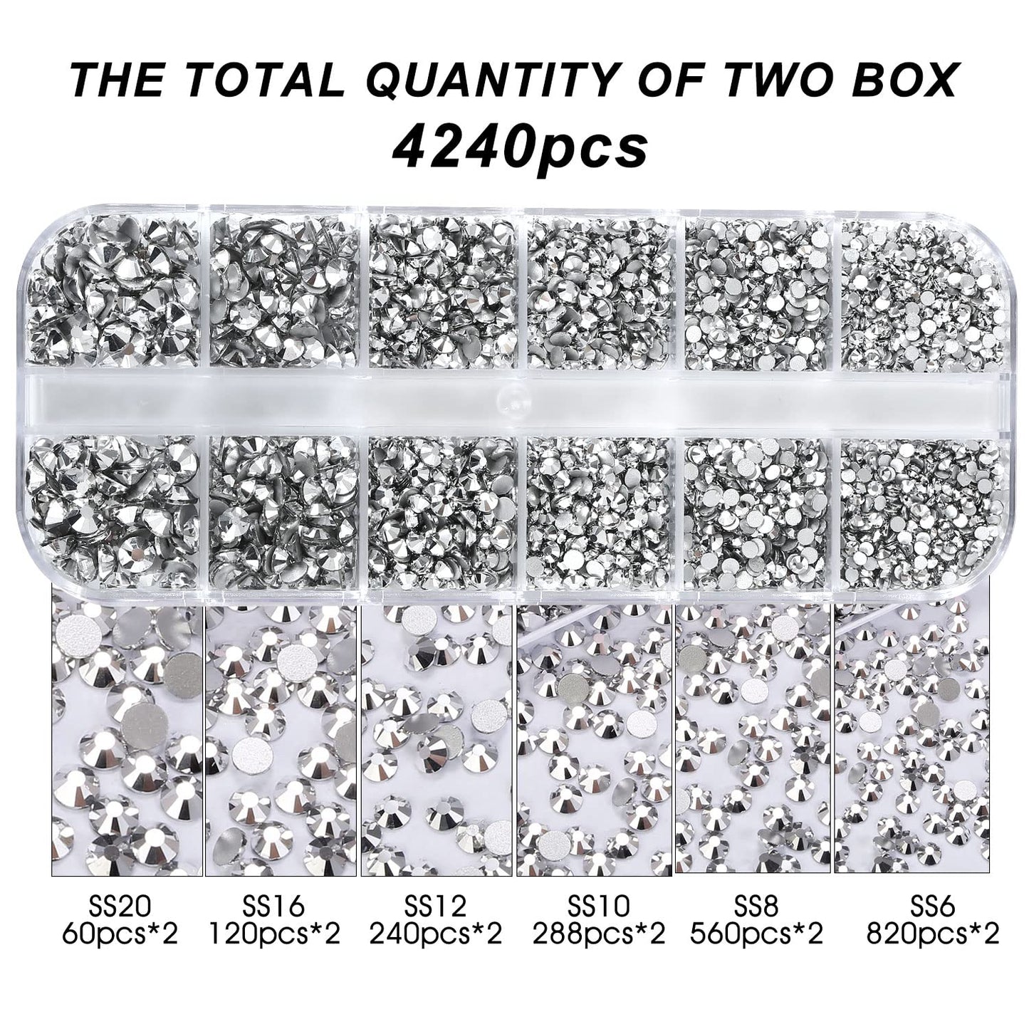 4240Pcs Silver Flatback Rhinestones 6 Sizes Crystal Diamonds for Nail Art Crafts Clothes Shoes with Tweezers and Picking Pen