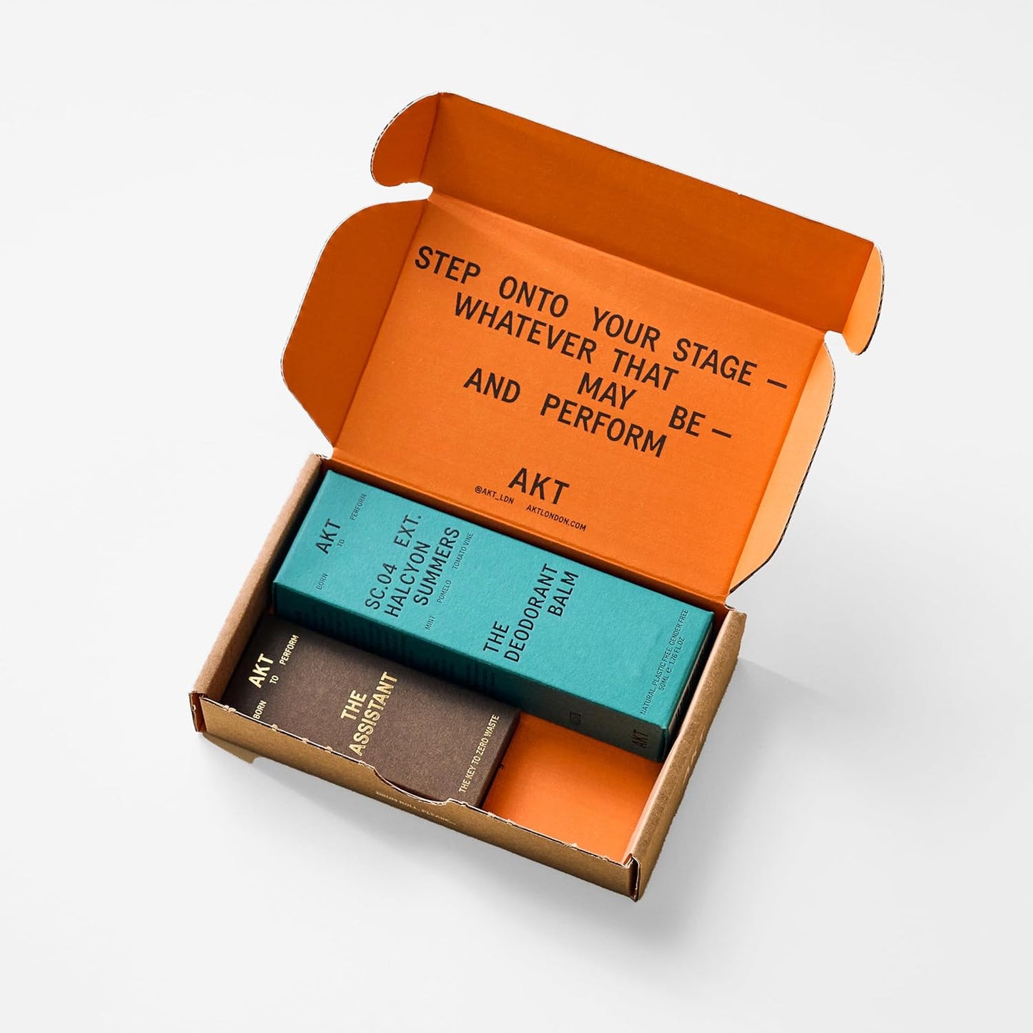 AKT, THE DEODORANT BALM. Award winning, multi-use, natural deodorant. Plastic Free. Gender Free. Aluminium Free. 100% effective — 1 tube lasts up to 3 months. SC.04 HALCYON SUMMERS. 50ml/1.76 FL.OZ