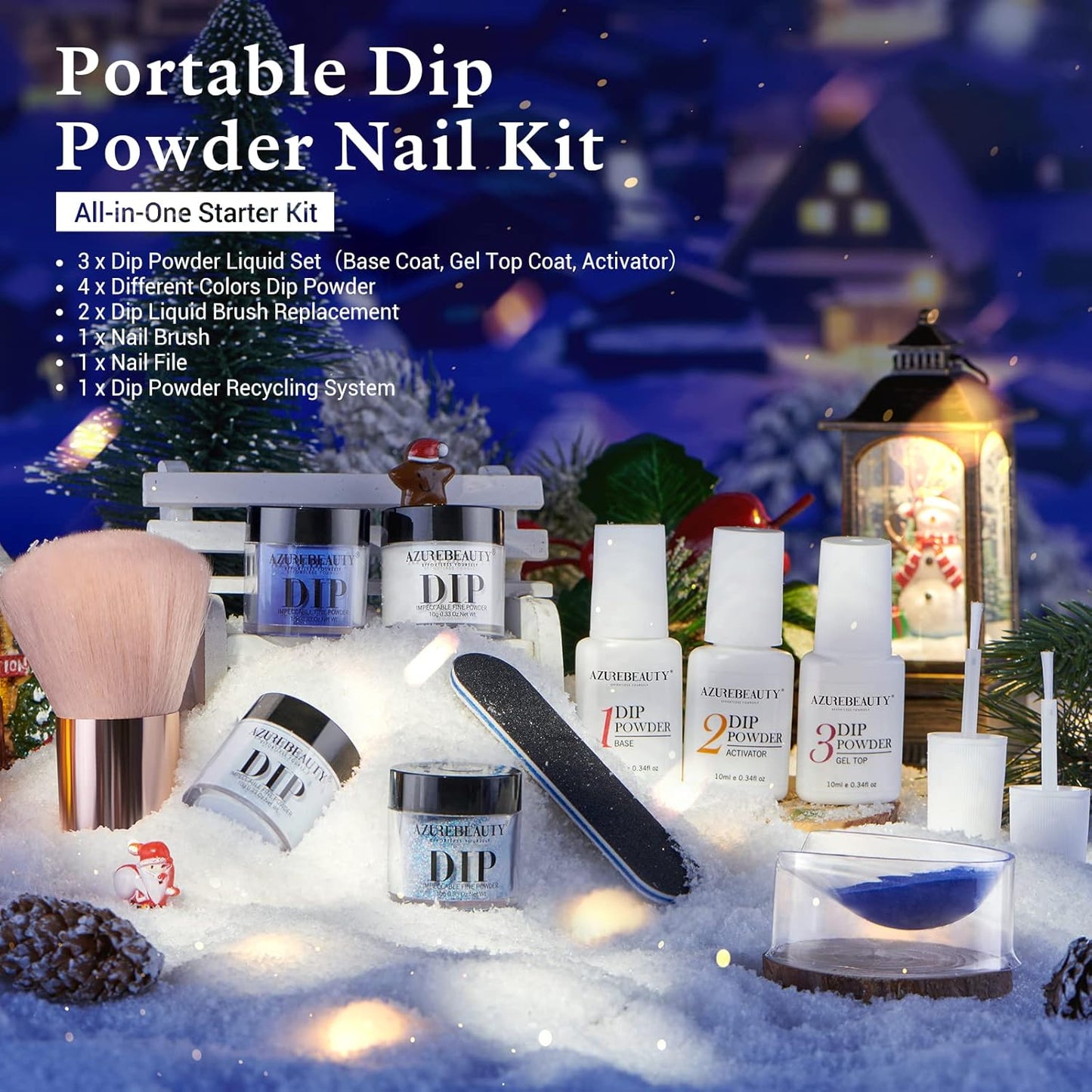 AZUREBEAUTY Christmas Dip Powder Nail Kit Winter White Navy Blue Glitter 4 Colors Acrylic Dipping Powder Liquid Set with Base/Top Coat Activator for French Nail Art Manicure DIY Gift for Women