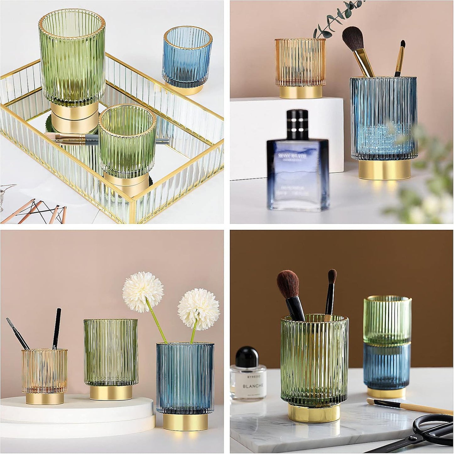 DASITON Makeup Brush holder Organizer,Crystal Cosmetic Makeup Brush Glass Brushes Storage Holder, Vintage Make Up Brush Cup Pen Pencil Holder striped vase(Green L)