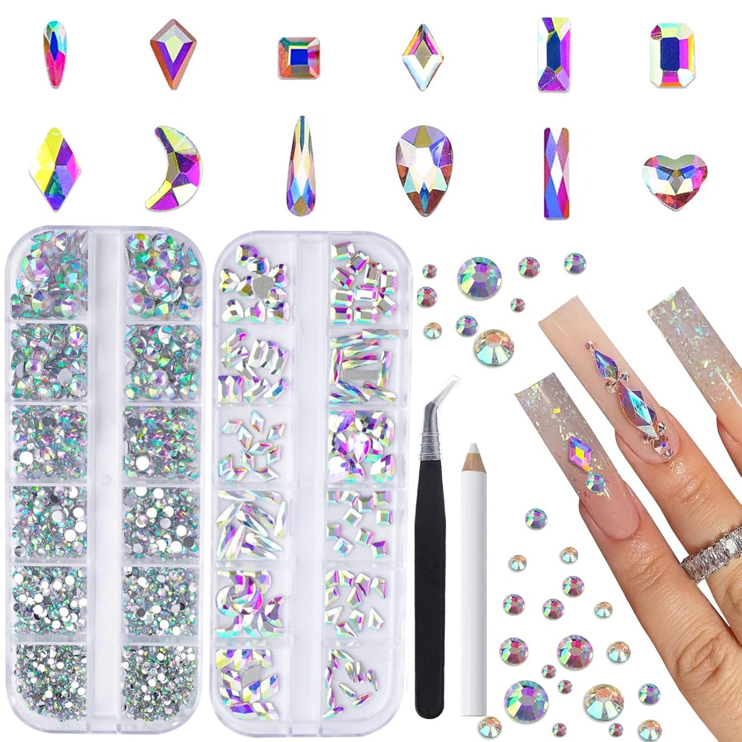 Canvalite 2518Pcs Rhinestones Nail Gems, 12 Styles 3D Glass AB Crystals Charms Shiny Multi Shape Flatback Nail Rhinestones for Nail Art with Picker and Tweezers for DIY Nail Art