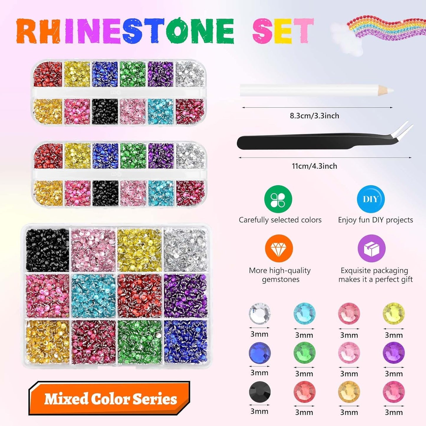 Morcheiong 17000Pcs Resin Rhinestones Multicolor Flatback Crystals Diamond Includes Tweezers and Pickup Pen Suitable for Crafting DIY Nail Art Makeup Wedding Dress Clothing Mug