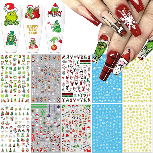 10 Sheets Christmas 3D Nail Art Decals - Gold White Snowflake Santa Claus Snowman Buffalo Plaid Reindeer Winter Xmas Stickers for Women Girls Nail Decorations