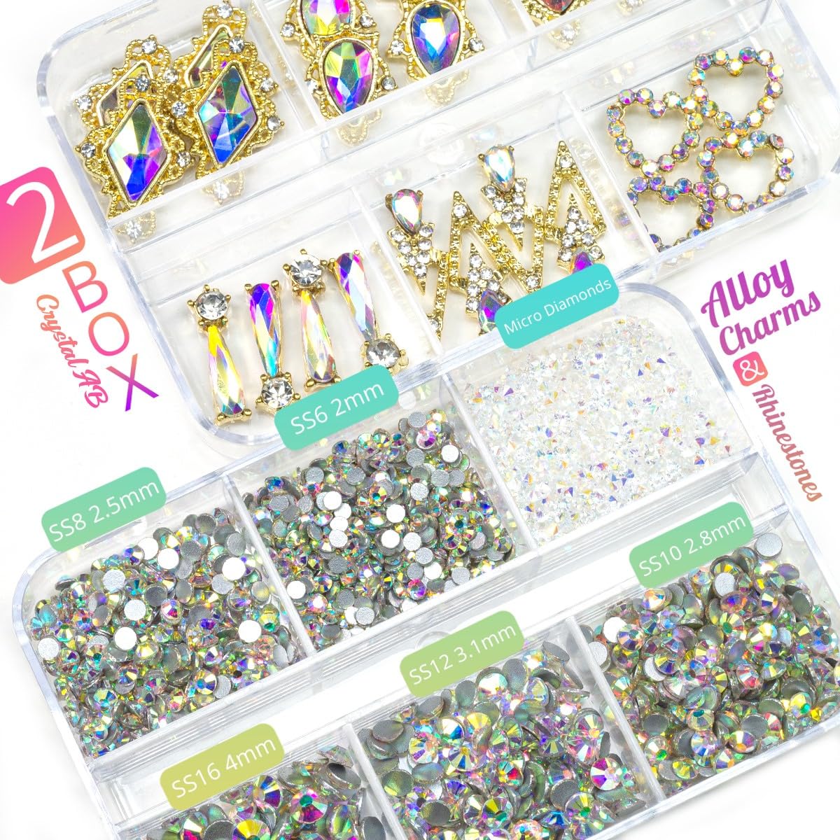 24pcs Crystal AB Luxury Nail Charms +2000pcs Crystal White AB Rhinestones 3D Big Nail Gems K9 Glass Nail Crystals Diamonds Jewels Stones Alloy Nail Art Studs Decor Supplies for Nails Crafts DIY