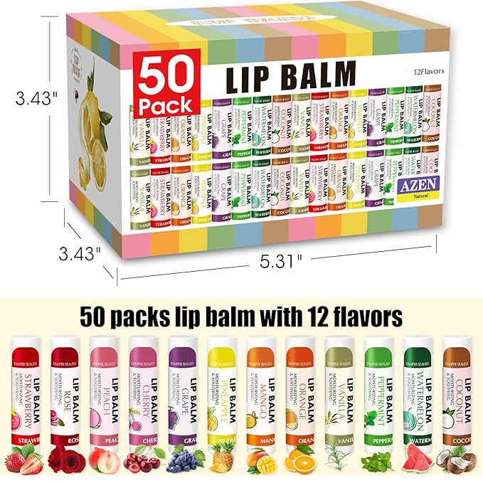 AZEN 50 Pack Lip Balm, Natural Lip Balm Bulk, Lip Care Product, Moisturizing Lip Balm for dry cracked lips