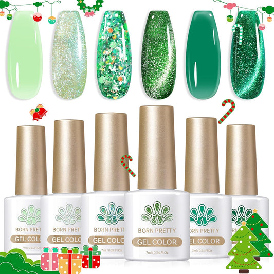 Born Pretty Christmas Green Gel Nail Polish,Jelly Transparent Gel Nail Polish, Cat Magnetic Eye,Shimmer Glitter Holographic Green Gel Polish Kit for Salon Manicure and Nail Art DIY at Home 6PCS 7ml