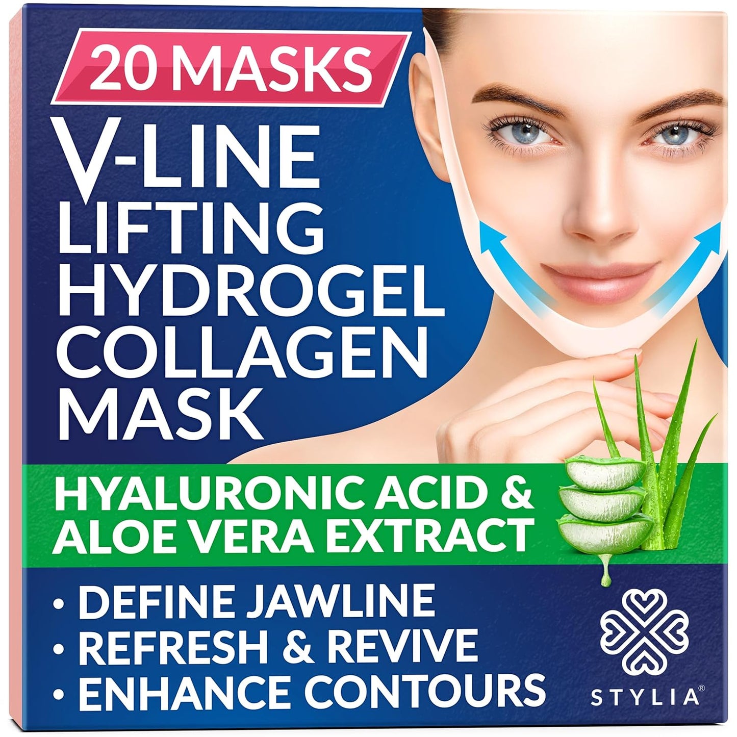 Stylia V Line Lifting Collagen Face Mask - Double Chin Strap for Women - Jawline Shaper Face Lift Tape - Neck Lift Collagen Mask - Chin Strap for Sleeping - Hyaluronic Acid, Aloe Vera, Cica 20PC