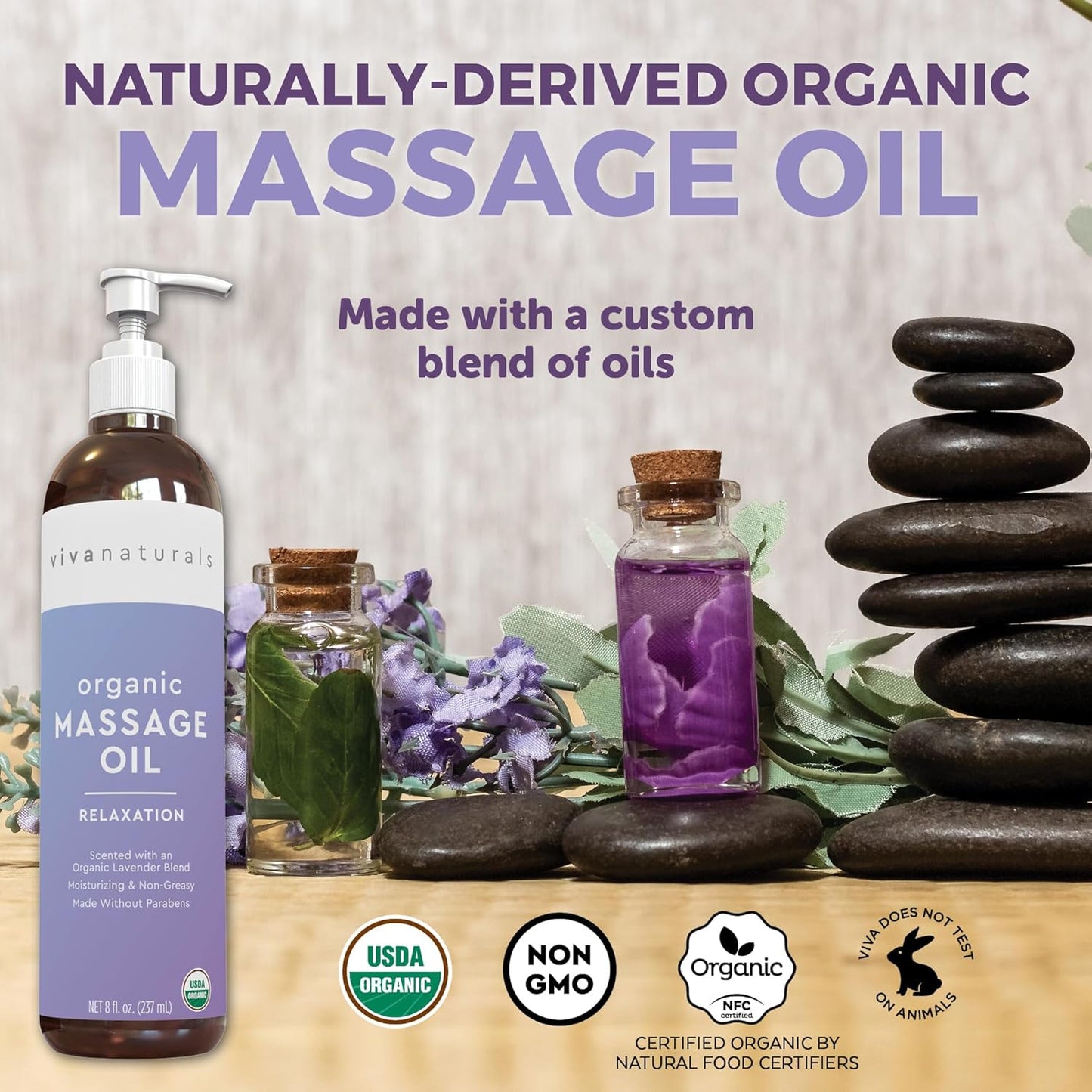 Viva Naturals Organic Massage Oil (8 fl. oz.) - Lavender Scented Non-Greasy Body Massage Oil with Mess-Free Pump, Moisturizing Massage Oils for Massage Therapy, Non-GMO and Certified Organic, 237 mL