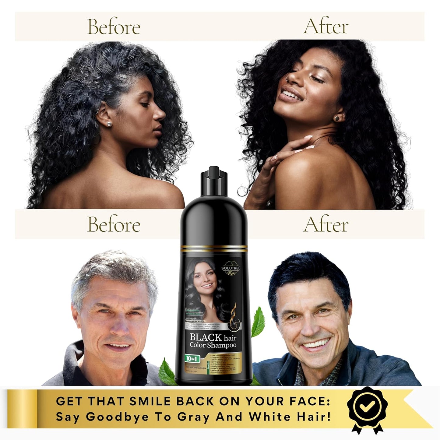 Black Hair Dye Shampoo – Instantly Covers Gray Hair in Minutes – 10-in-1 Herbal Hair Color – No Stain, Ammonia-Free, Natural – For Men & Women