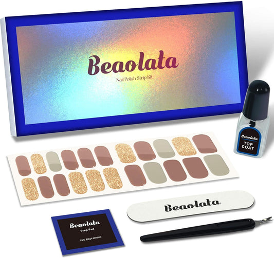 Nail Polish Strips, 44PCS Salon Quality Wraps with Top Coat, Long Lasting Gel Nail Stickers for Women Easy Apply& Remove (Autumn Brwon&Gloden)