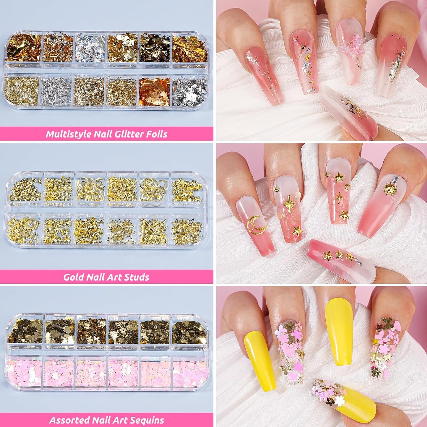 Nail Art Kit for Beginners with Nail Brushes Set and Dotting Tools, Jumbo Holographic Glitter Sequins 2-6mm Rhinestones 3D Pink&White Flowers Metal Studs Colorful Striping Tape with Tweezers (03-Pink)