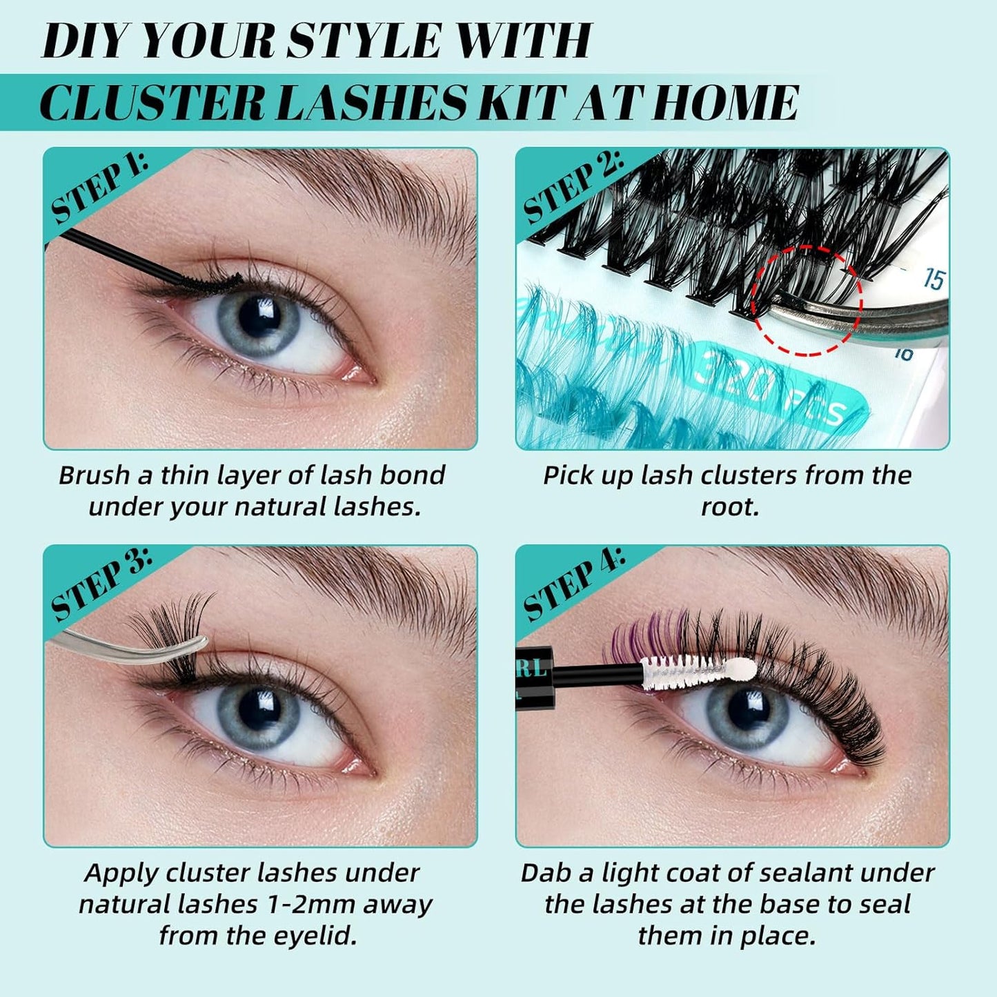 Lash Clusters Kit 320Pcs,40D Eyelash Extension Kit,Lash Bond and Seal Waterproof,Lash Remover for Colorful Individual Cluster Lashes Kit,Lash Applicator Tool for DIY Lash Extension Kit(D-Mix9-16mmKit)