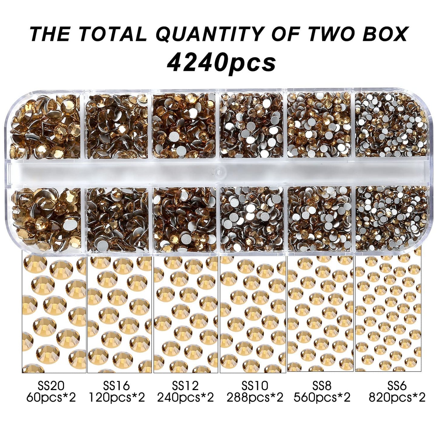 4240Pcs Brown Flatback Rhinestones 6 Sizes Crystal Diamonds for Nail Art Crafts Clothes Shoes with Tweezers and Picking Pen