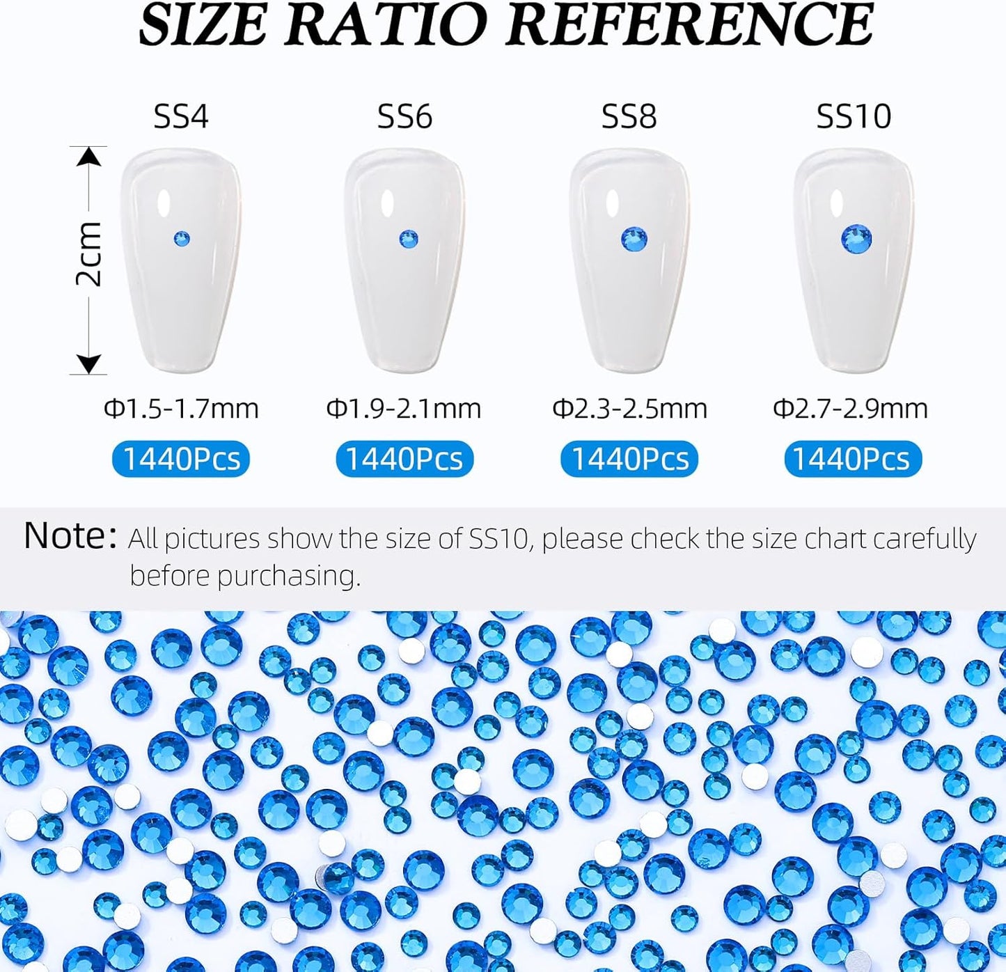 Capri Blue Flatback Rhinestones, Glass Rhinestones for Nail Art and Craft, Glue Fix, Loose Crystal Gemstones(Capri Blue, SS8, 1440pcs, 2.3-2.5mm)