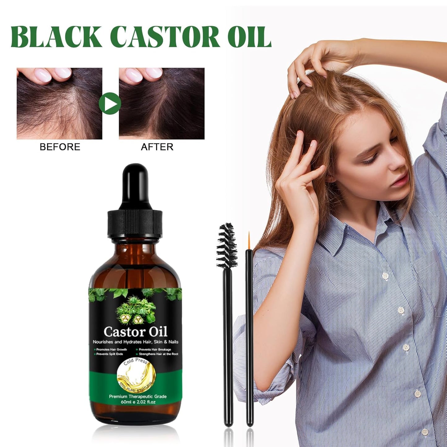 Jamaican Black Castor Oil - 100% Pure Organic Cold Pressed for Hair Growth, Eyelash/Eyebrow Serum, Scalp and Nail Care, Glass Bottle (2.02 Fl Oz) (small, castor)