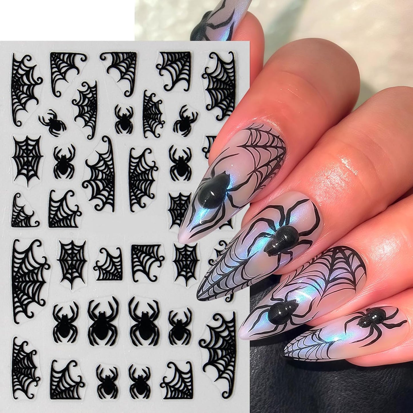6 Sheets Halloween Spider Web Nail Stickers Spider Nail Stickers for Nail Art 3D Self-Adhesive Ghost Nail Decals Black White Spiders Web Bat Silver Glitter Black French Nails Design Supplies for Women